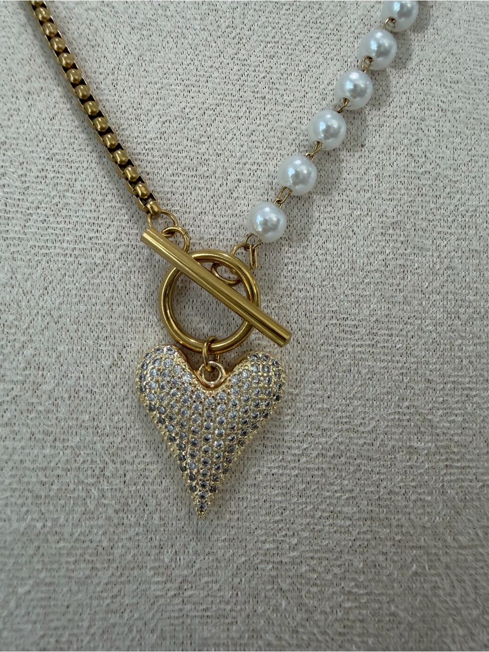 18K Gold plated faux Pearl & Crystal Heart Toggle Necklace